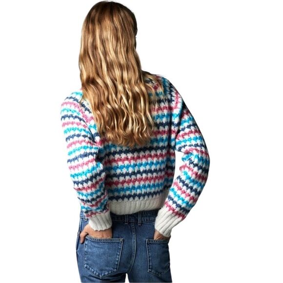 Zara Multicolor Rainbow Stripe Knit Sweater Soft Cozy Oversized Crew Neck Size S - Picture 3 of 8